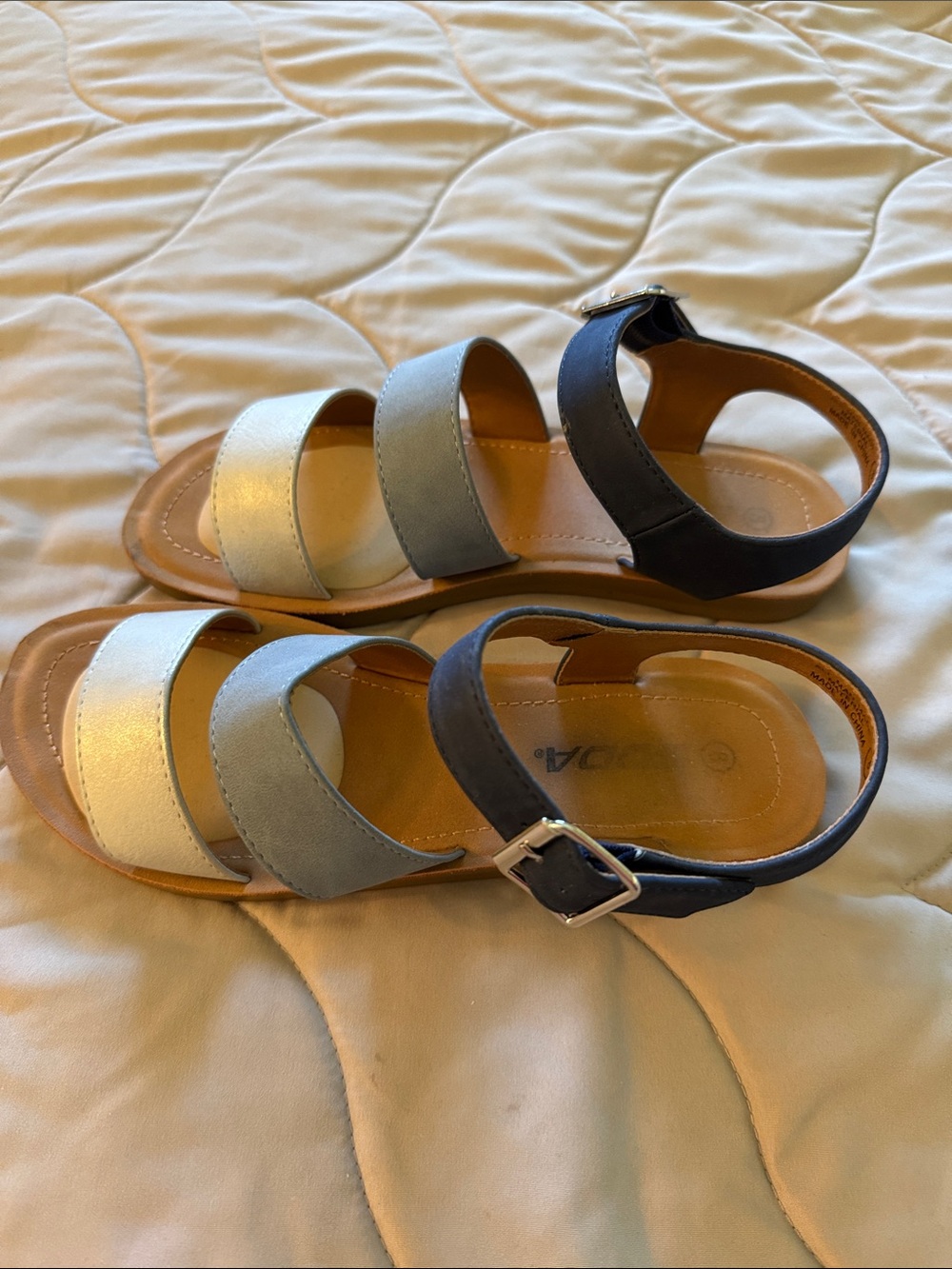 Soda Triple-Strap Casual Sandals in Metallic Silver, Light Blue & Navy